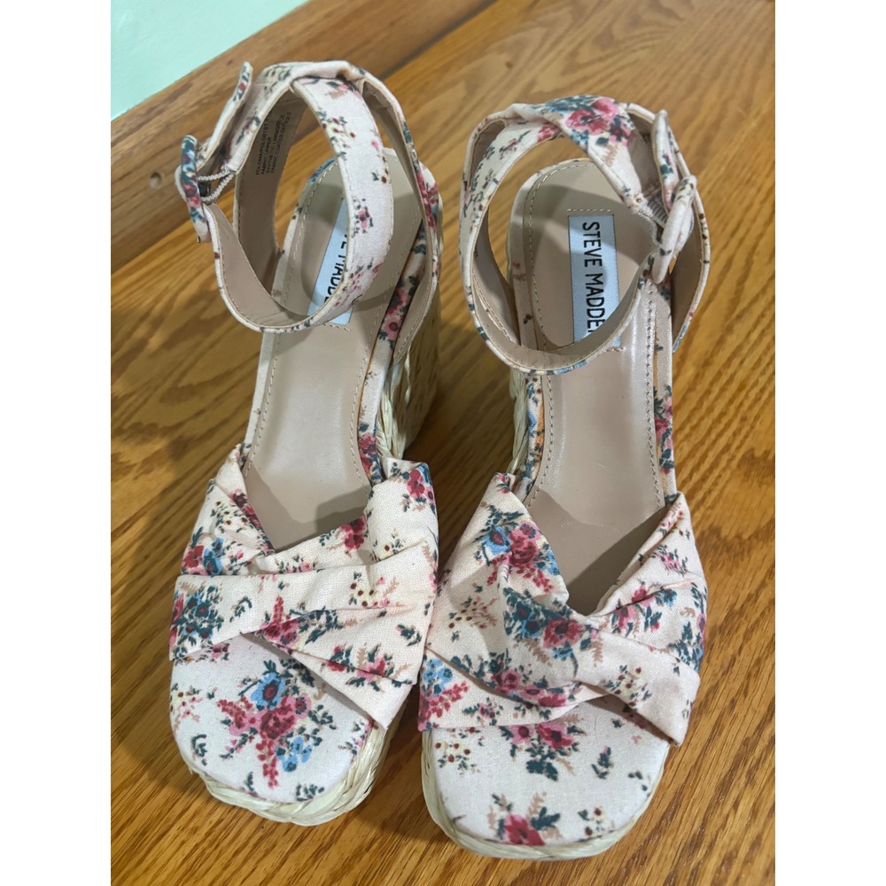Steve Madden Poloma Floral Espadrille Wedge Sandals Pink Multi POLO01S1 6.5M